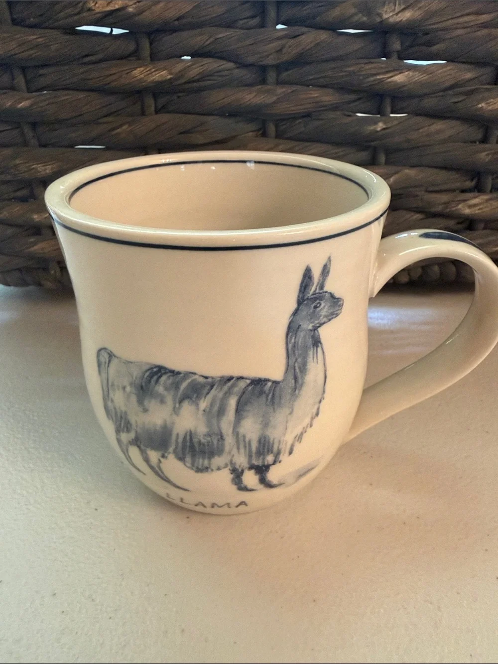 Anthropologie Molly Hatch Cream Ceramic Llama Coffee Mug with Blue Illustration